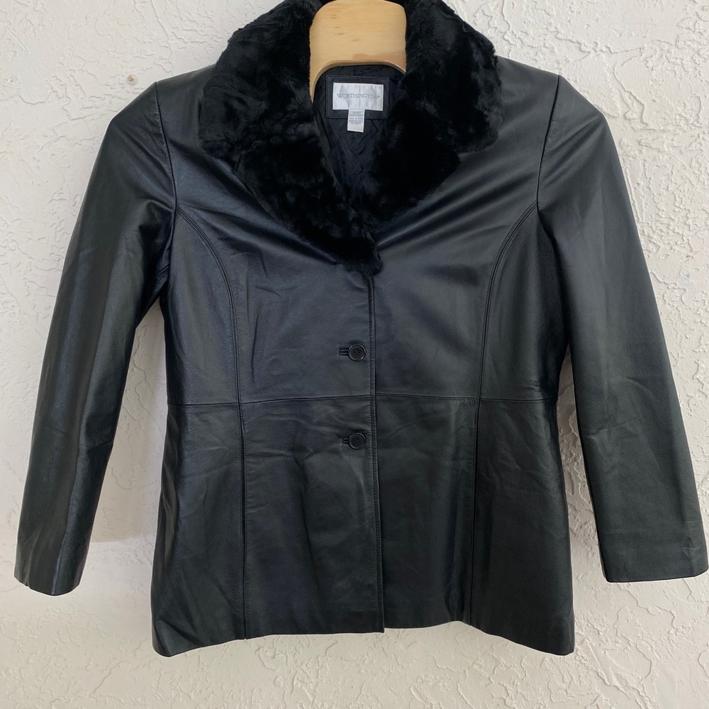Worthington Leather Jacket Women XL Black Detachable Faux Fur‎ Collar Quilted